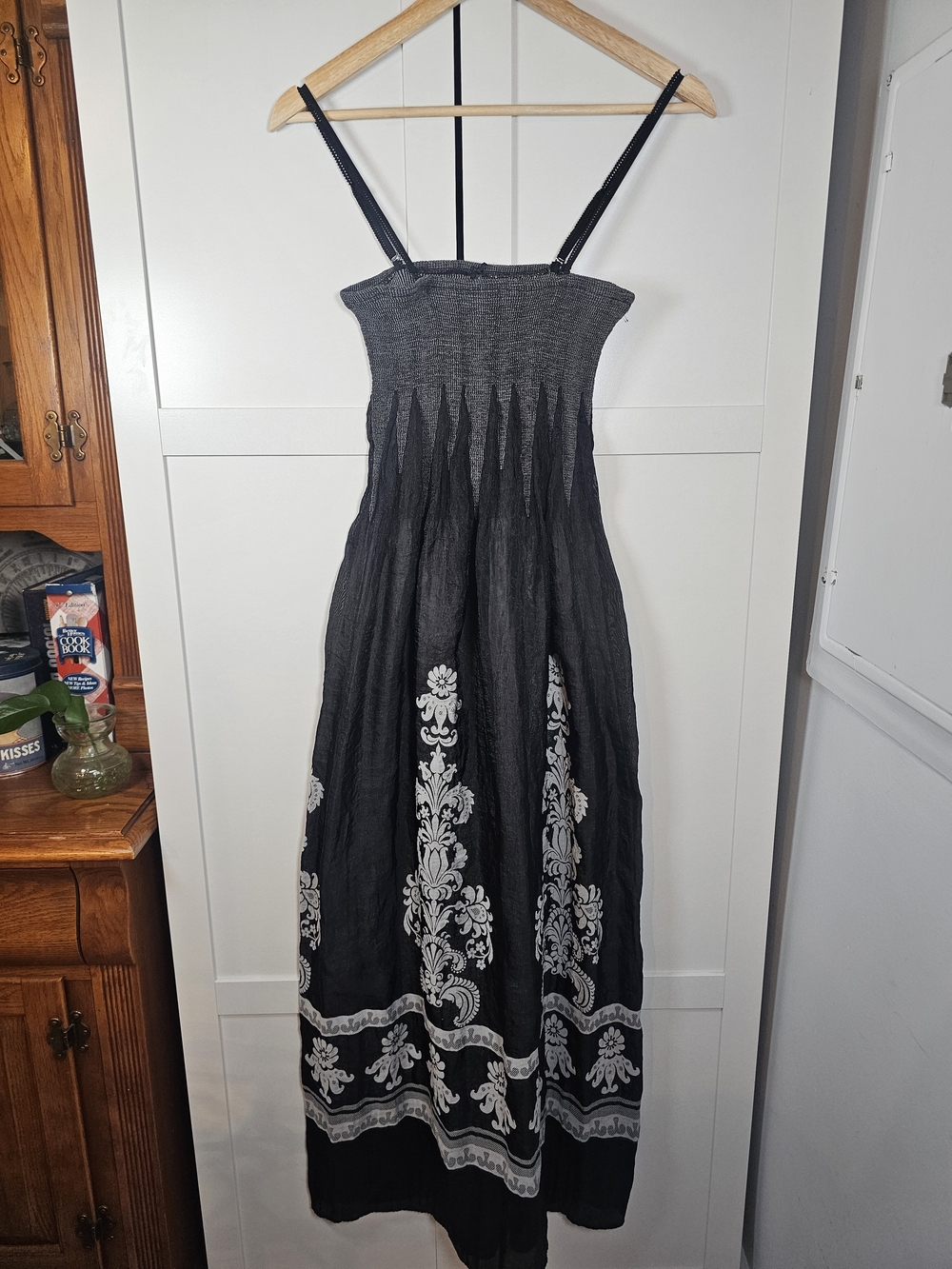 Lapis Boho Smocked Convertible Maxi Dress Skirt Black Silver Floral One Size